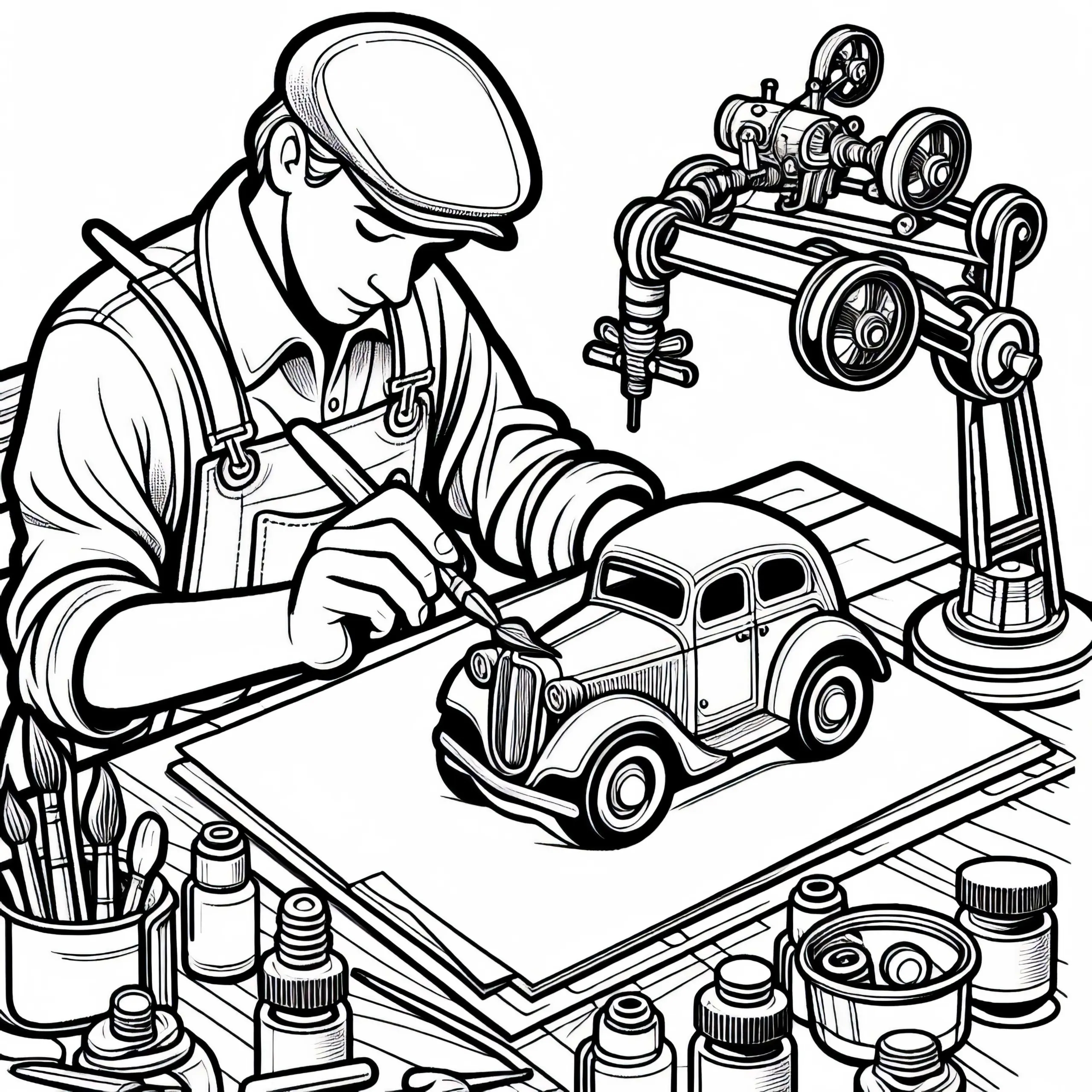 Ausmalbild Spielzeugmacher – Bemaltes Spielzeugauto von Hand kostenlos herunterladen