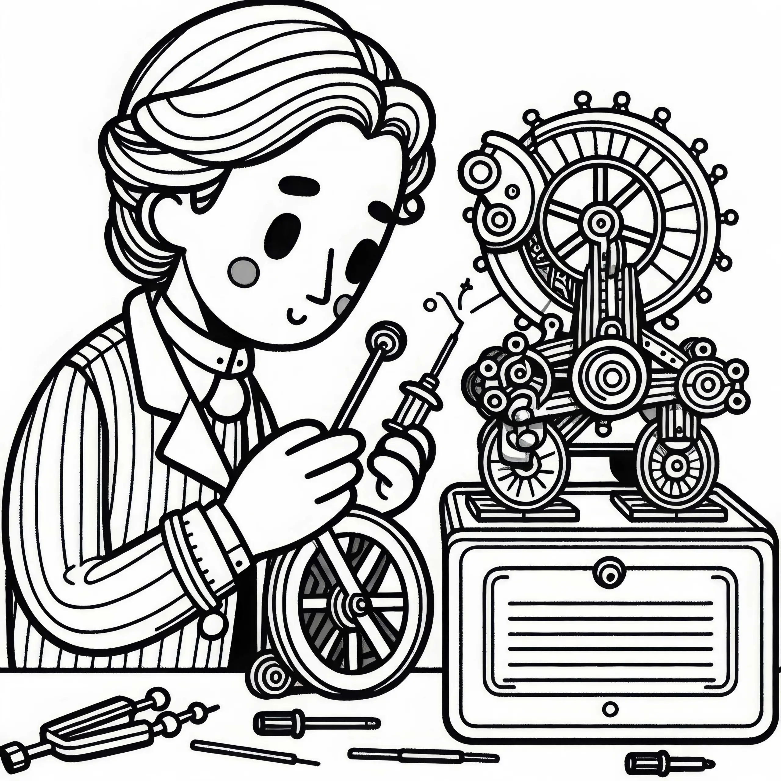 Spielzeugmacher überprüft die Funktion eines mechanischen Spielzeugs – Malvorlage einfach kostenlos (Ausmalbild)