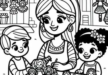 Spielzeugmacherin zeigt Kindern Arbeiten auf dem Markt – Ausmalbild kostenlos