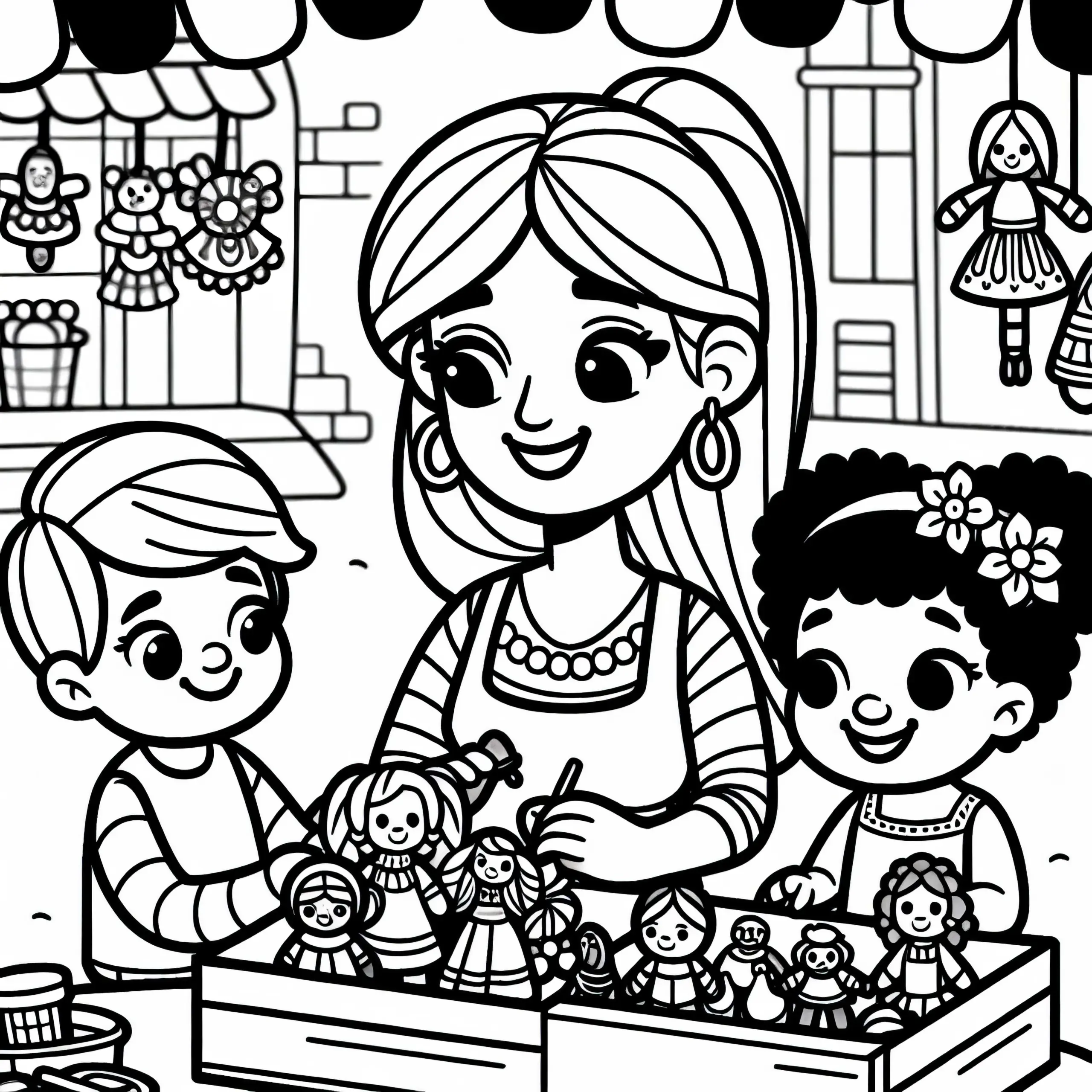Spielzeugmacherin zeigt Kindern Arbeiten auf dem Markt – Ausmalbild kostenlos
