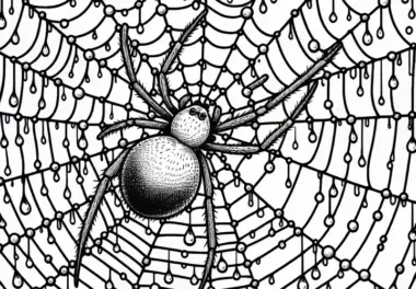 Spinne in der Mitte eines großen Spinnennetzes mit Tau an Fäden – Ausmalbild kostenlos