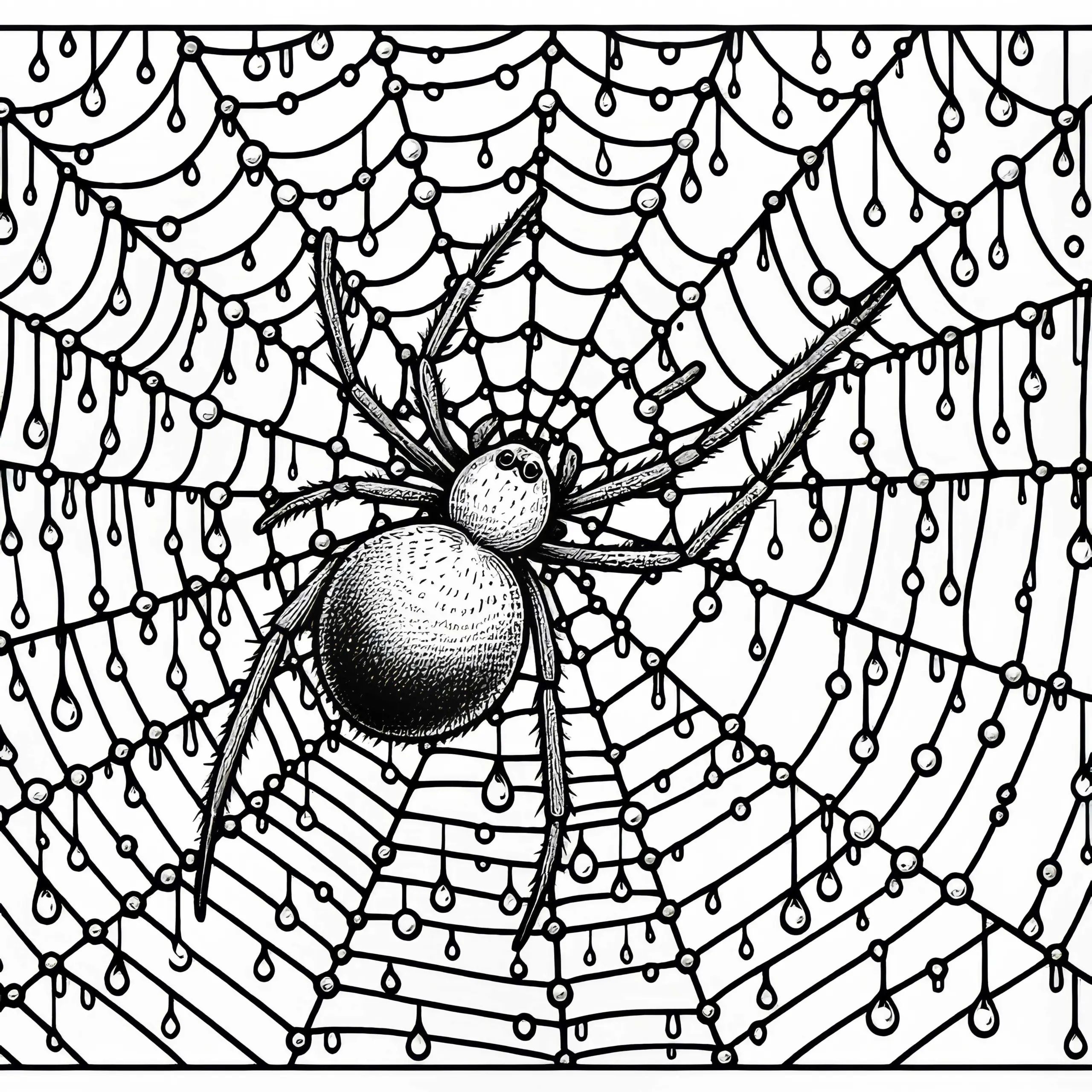 Spinne in der Mitte eines großen Spinnennetzes mit Tau an Fäden – Ausmalbild kostenlos