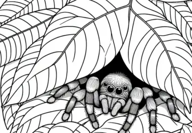 Spinne versteckt sich unter Blatt – Malvorlage kostenlos