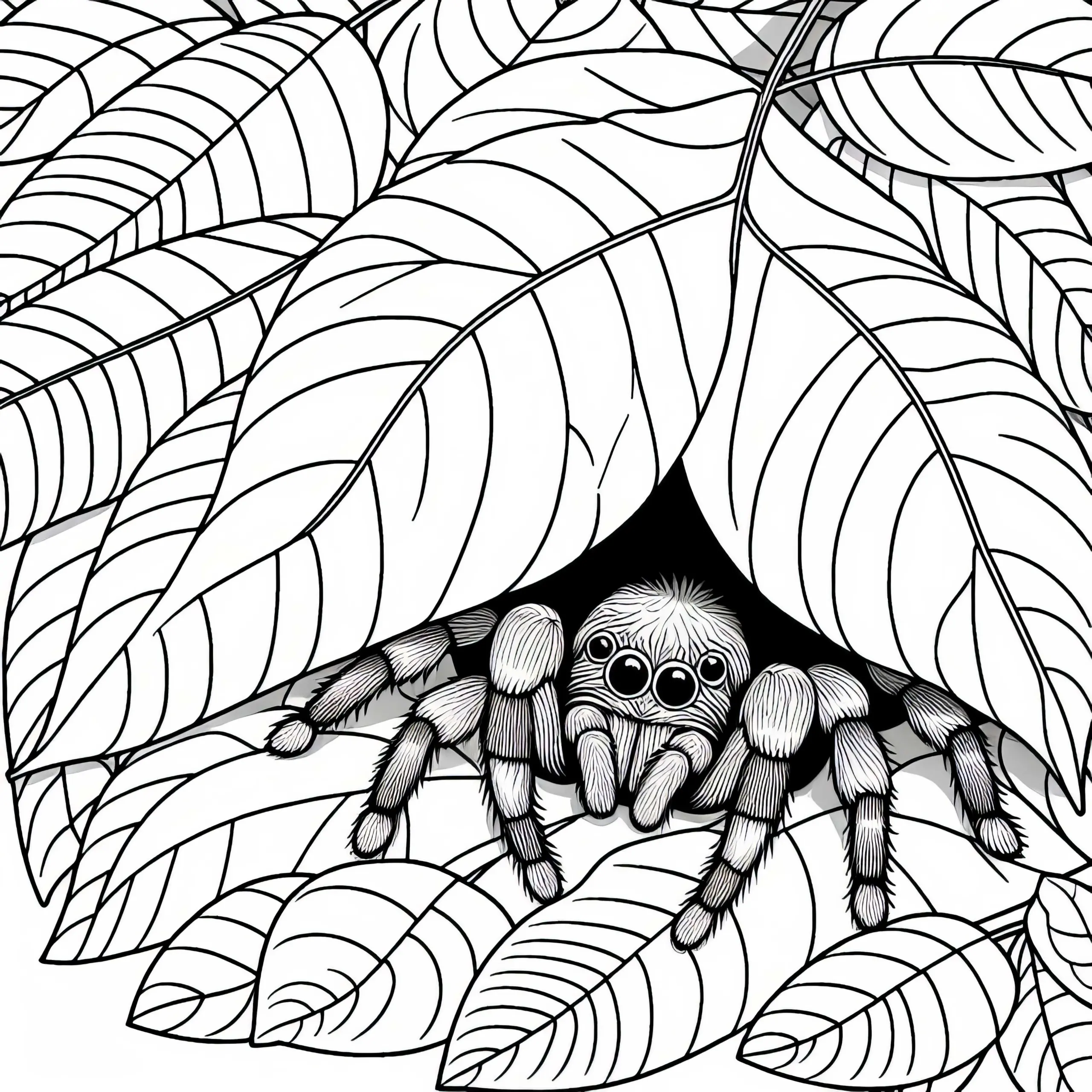 Spinne versteckt sich unter Blatt – Malvorlage kostenlos (Ausmalbild)