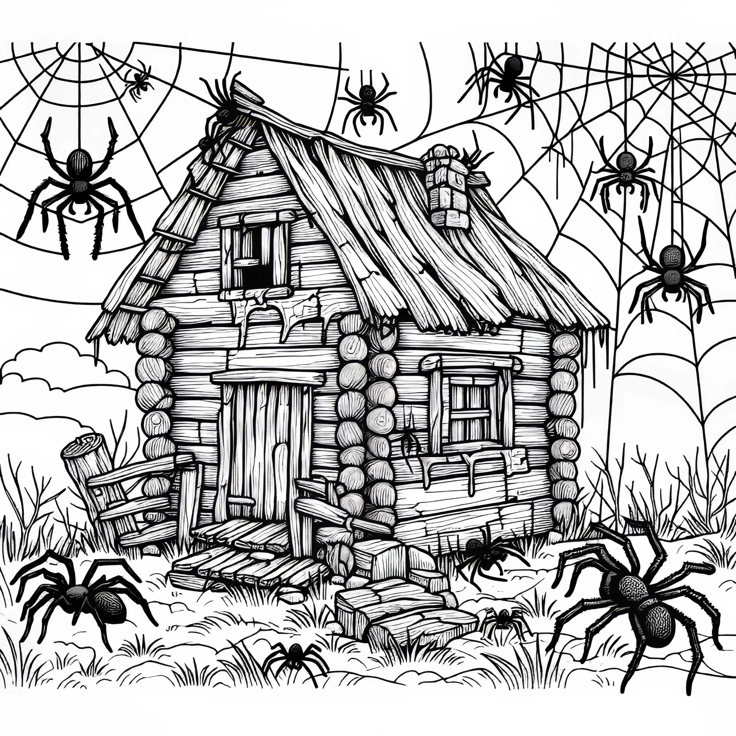 Spinnen um ein altes Haus mit Spinnweben – Malvorlage kostenlos (Ausmalbild)