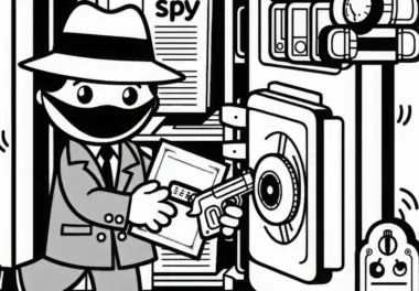 Spion nimmt geheime Dokumente aus Safe – Ausmalbild kostenlos