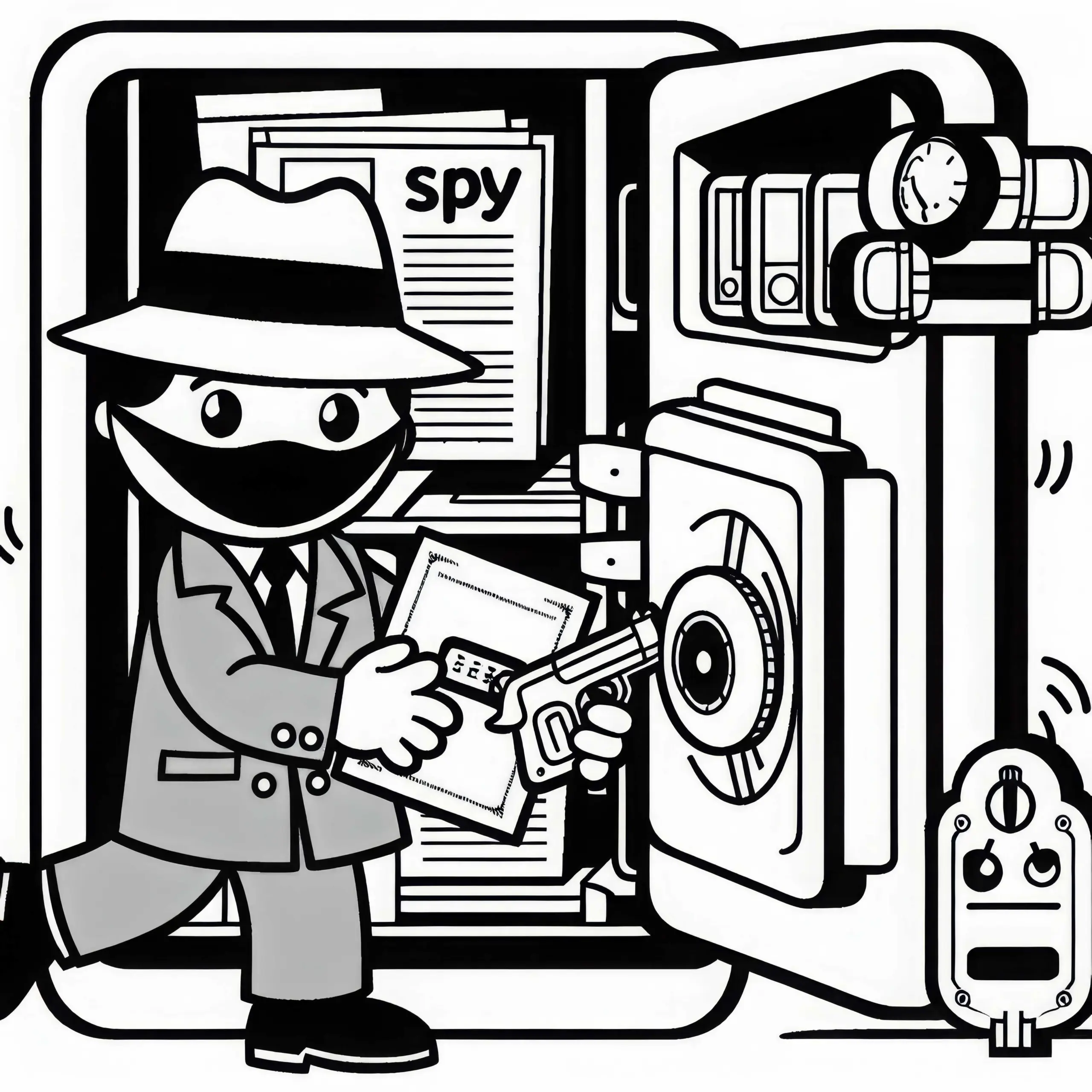 Spion nimmt geheime Dokumente aus Safe – Ausmalbild kostenlos