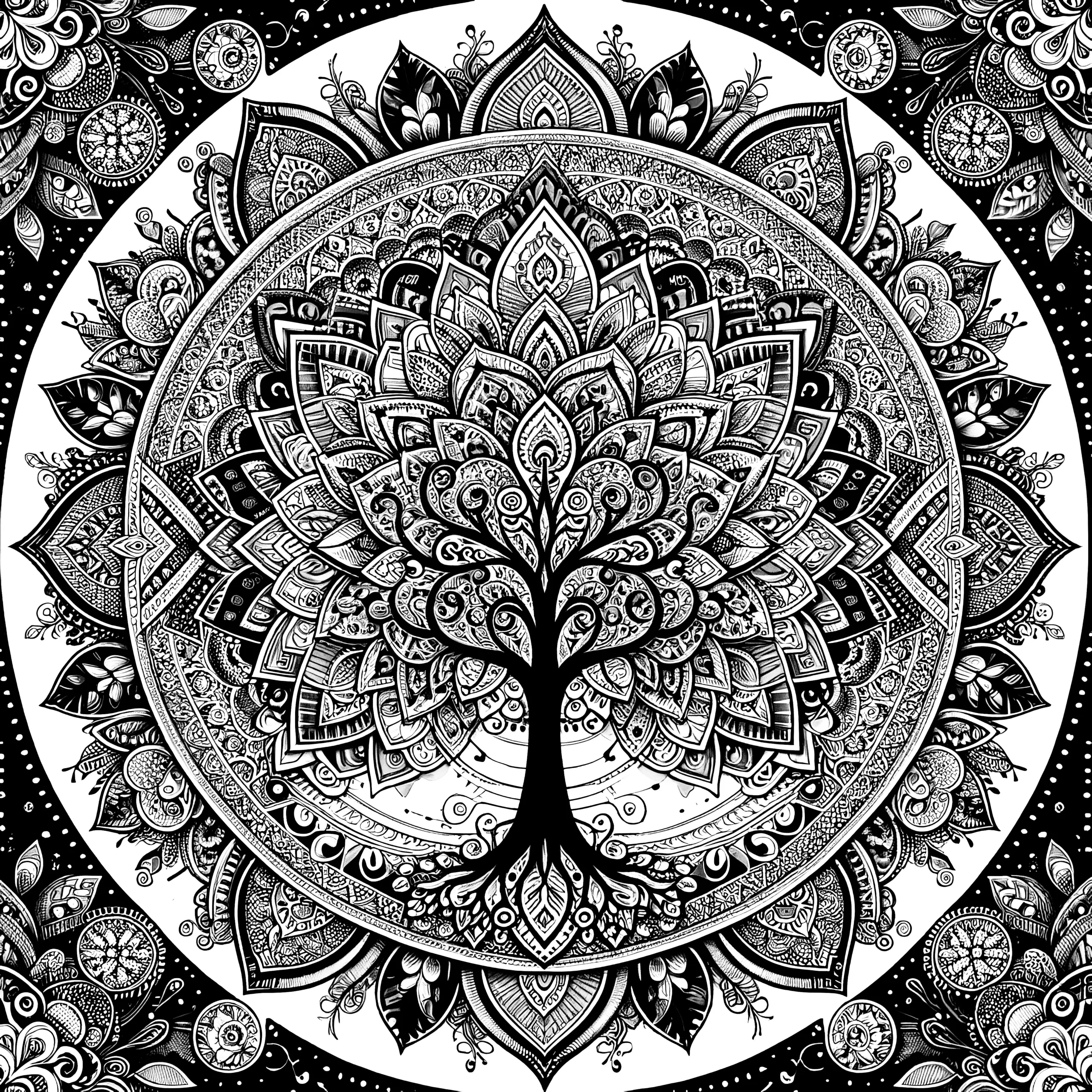 Spirituelles Baum-Mandala komplex: Für Erwachsene zum Ausmalen (Kostenlos) (Ausmalbild)