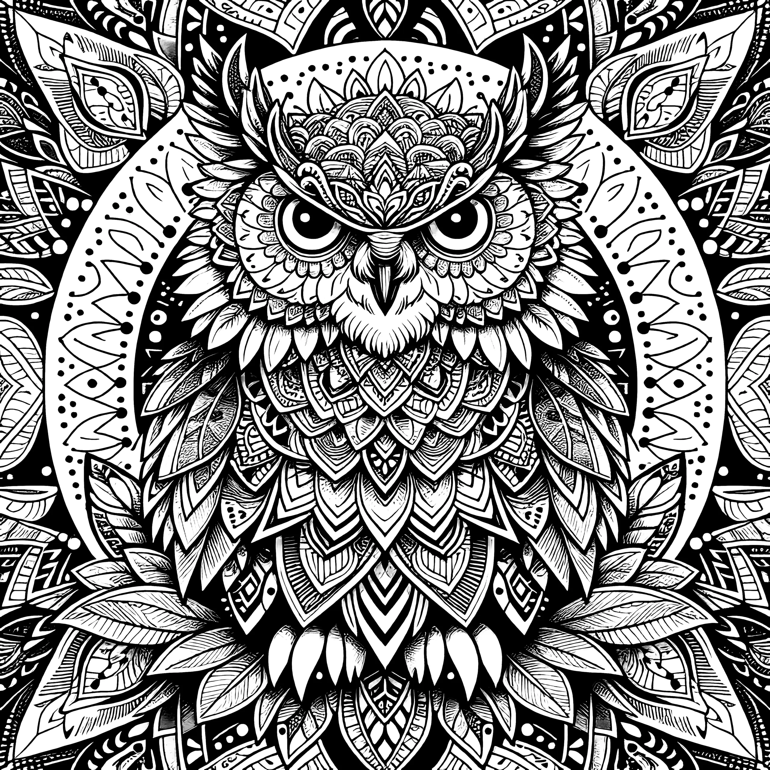 Spirituelles Eulen-Mandala komplex: Ausmalbild für Erwachsene (Gratis)