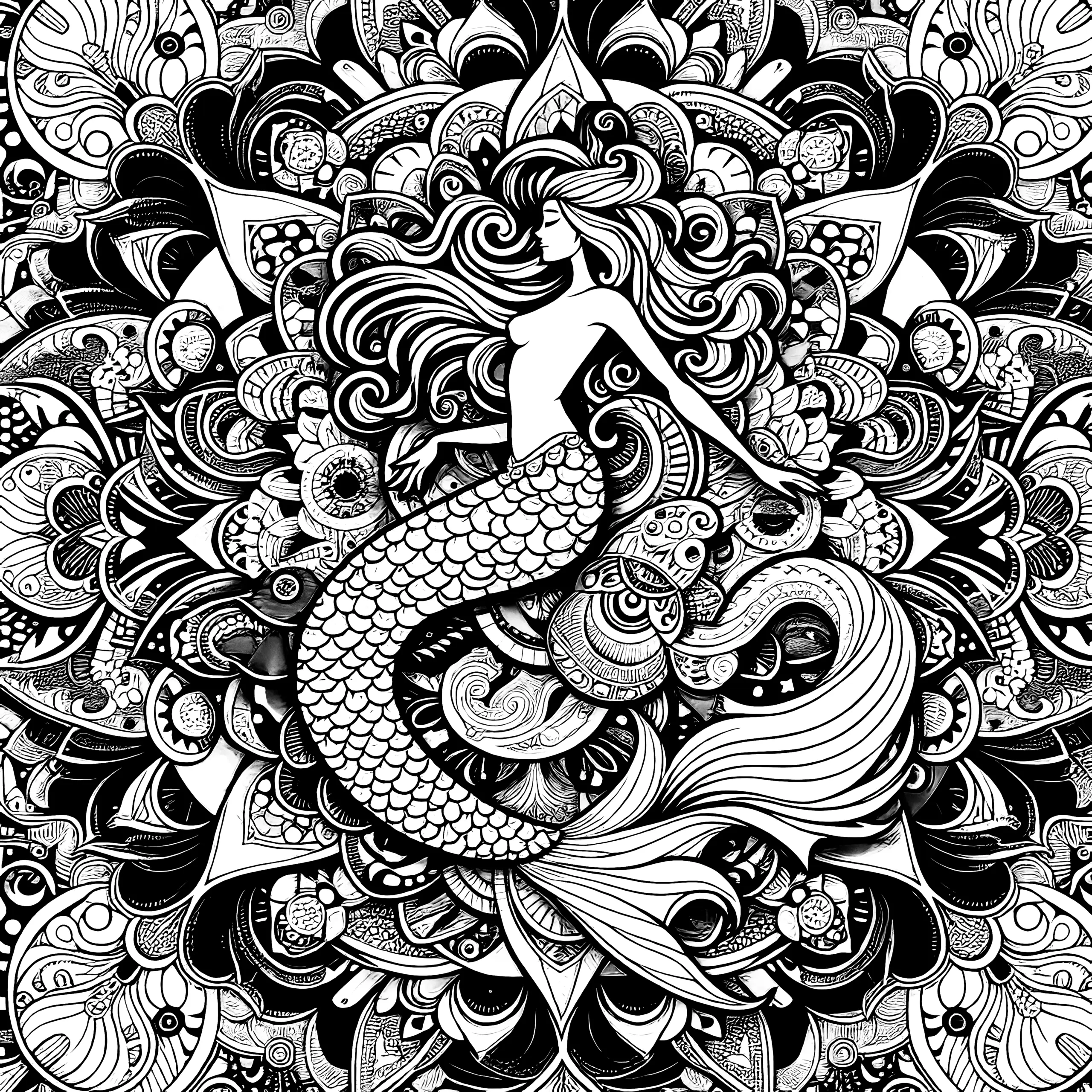 Spirituelles Meerjungfrau-Mandala: Komplexes Bild zum Ausmalen für Erwachsene (Gratis) (Ausmalbild)