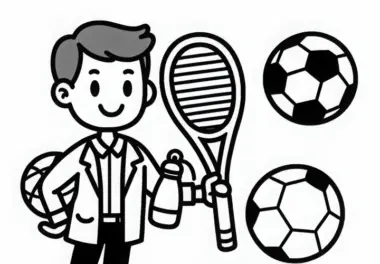 Sportlehrer mit verschiedenen Bällen – Ausmalbild einfach und gratis