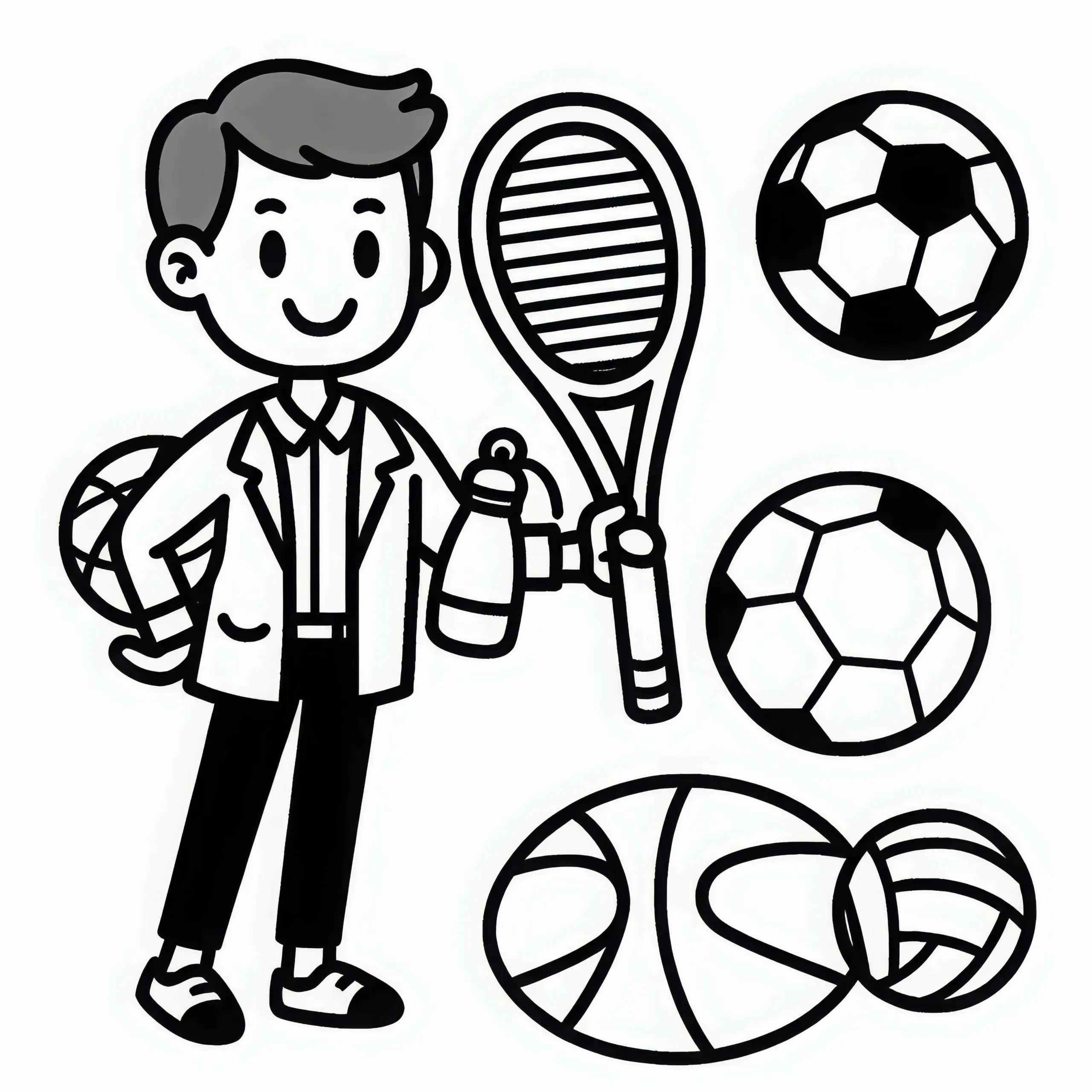 Sportlehrer mit verschiedenen Bällen – Ausmalbild einfach und gratis