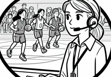 Ein Sportlehrer überwacht ein Basketballspiel – Ausmalbild kostenlos