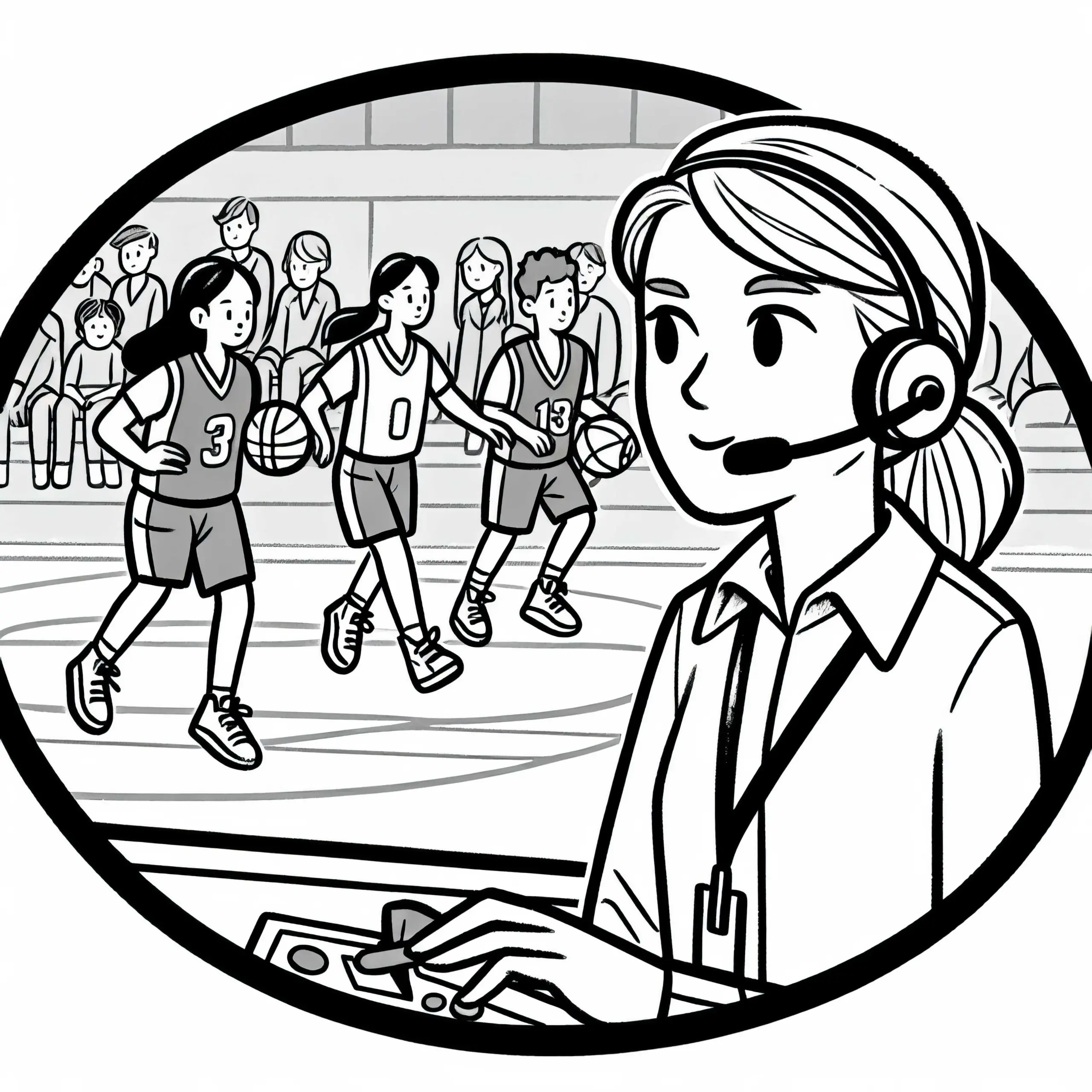 Ein Sportlehrer überwacht ein Basketballspiel – Ausmalbild kostenlos