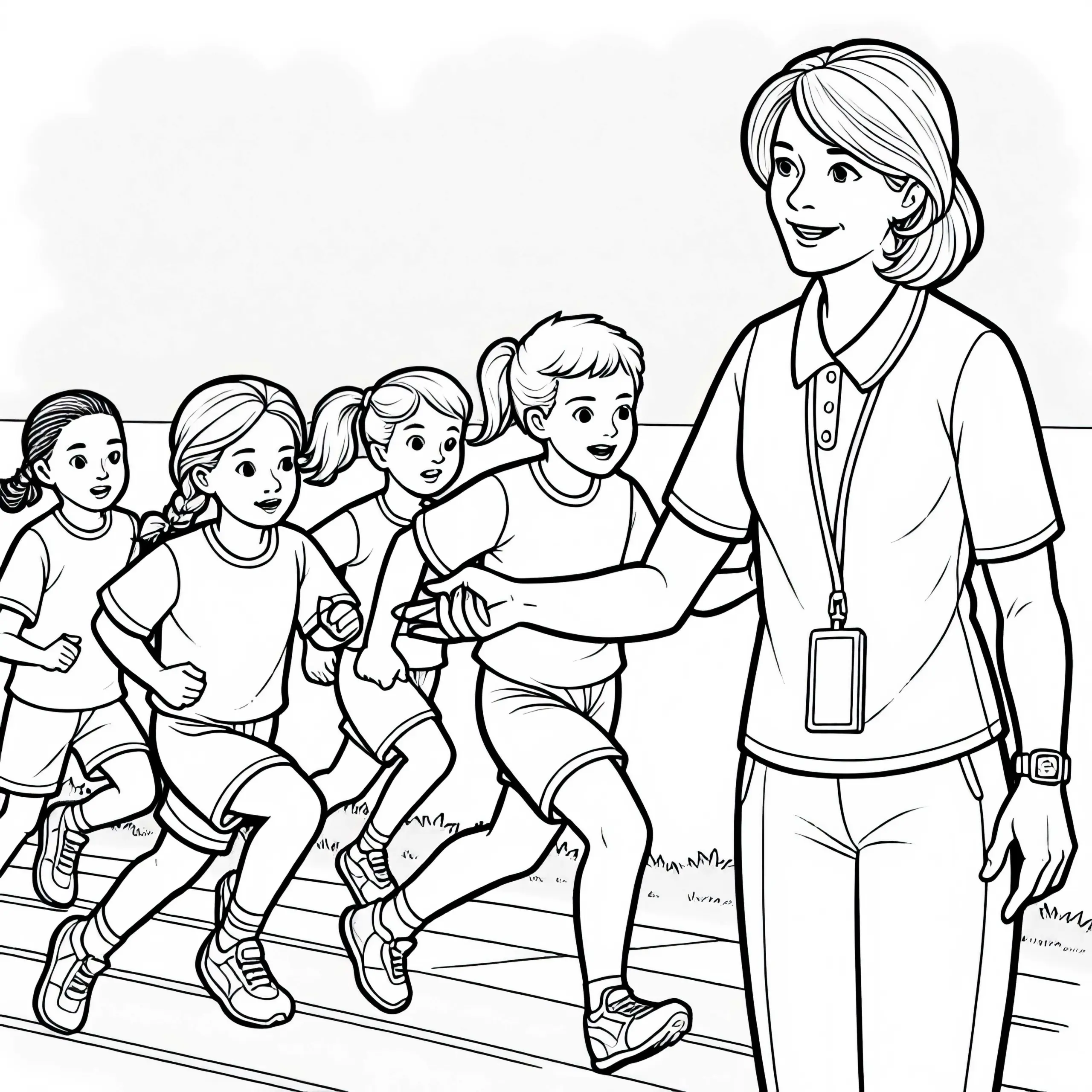 Sportlehrerin beim Staffellauftraining – Malvorlage Gratis (Ausmalbild)