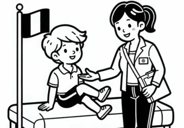 Sportlehrerin hilft Schüler bei Turnübung – Malvorlage gratis
