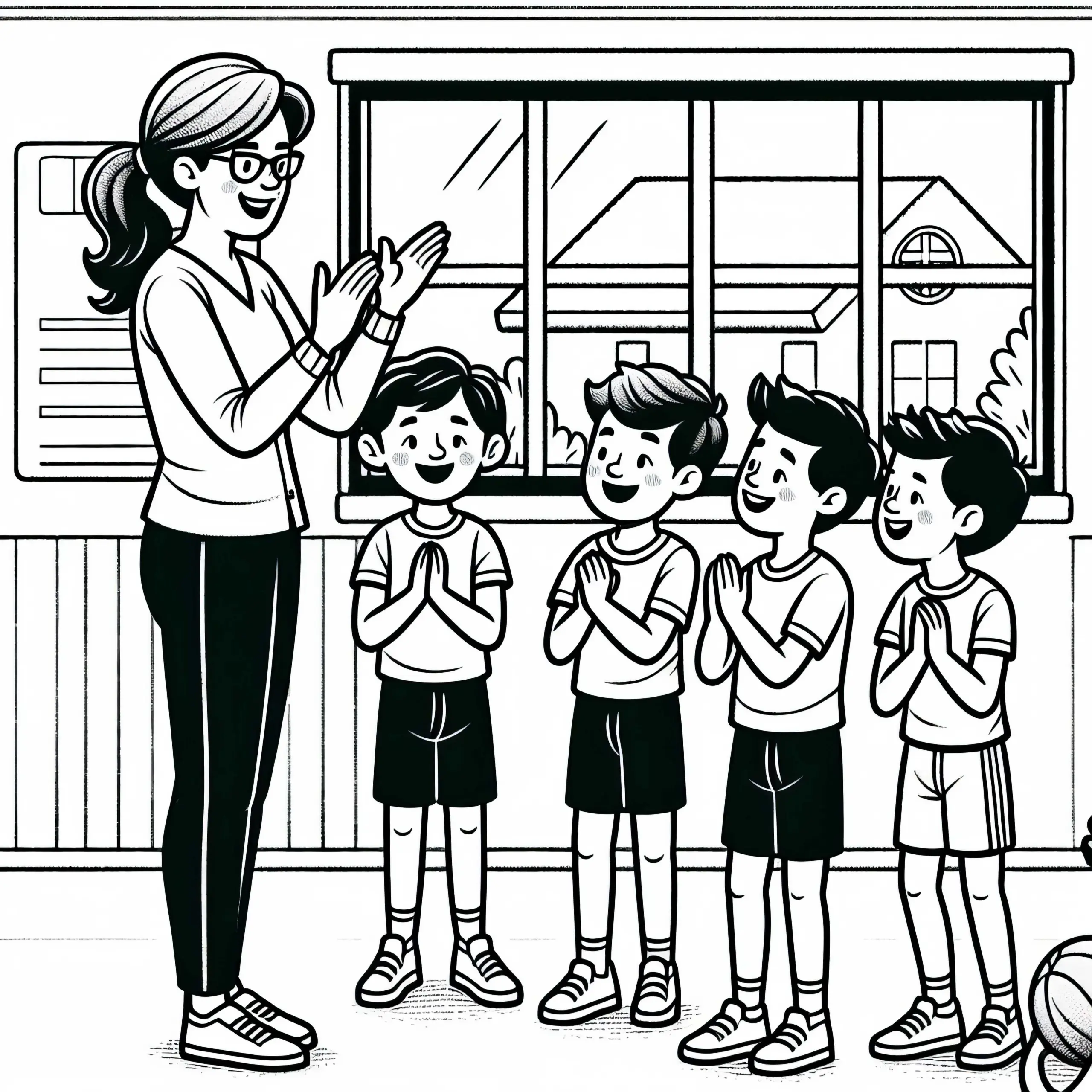 Sportlehrerin lobt Schüler für ihre Leistung – Ausmalbild kostenlos