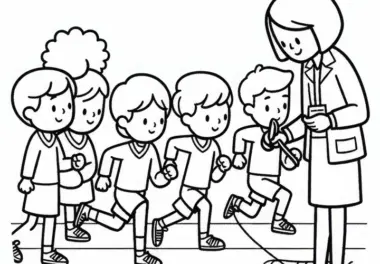 Sportlehrerin misst Laufzeit von Schülern – Malvorlage kostenlos