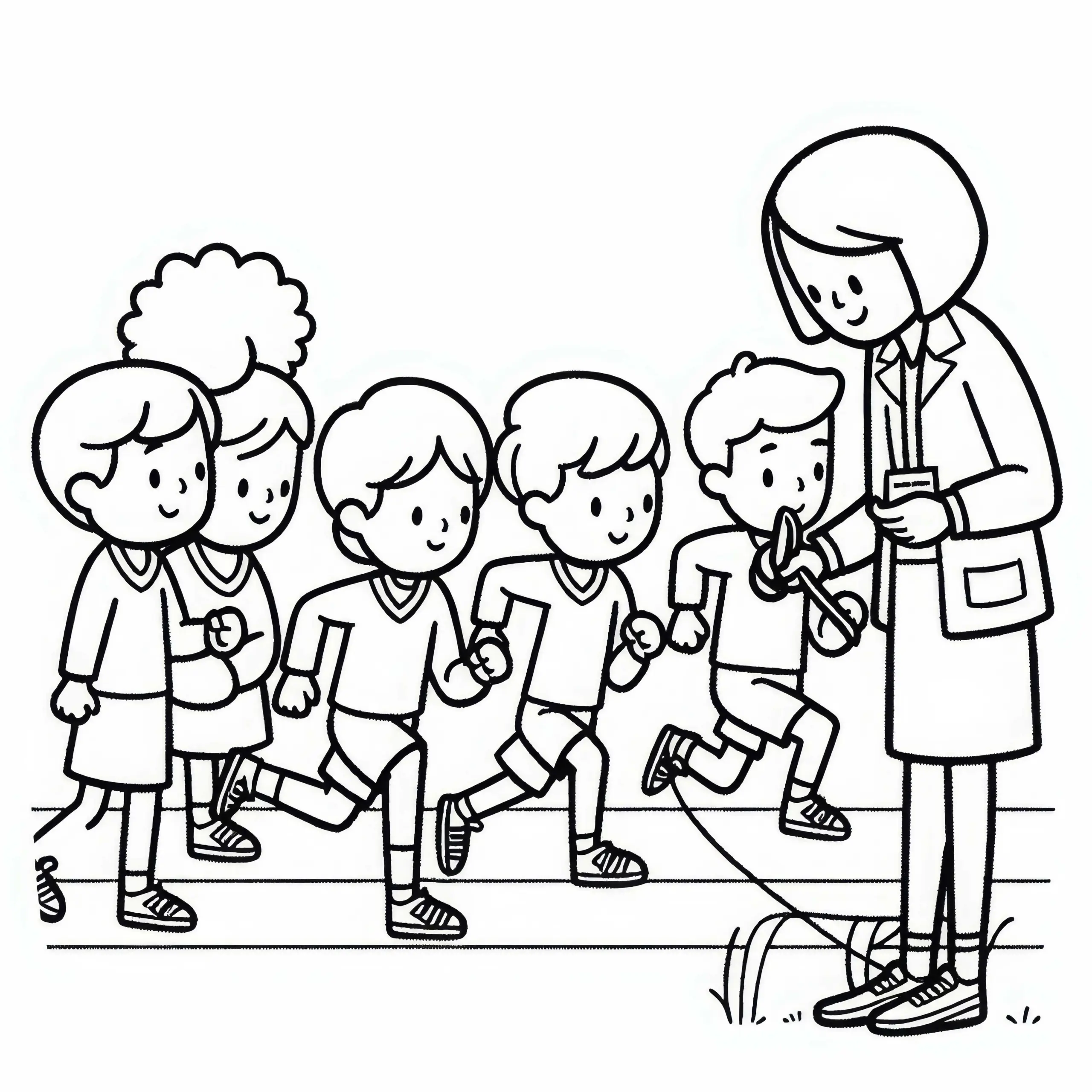 Sportlehrerin misst Laufzeit von Schülern – Malvorlage kostenlos (Ausmalbild)