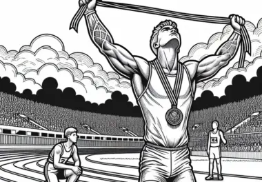 Sportler mit Medaille beim Ziel – Ausmalbild für Jungs ab zwölf kostenlos