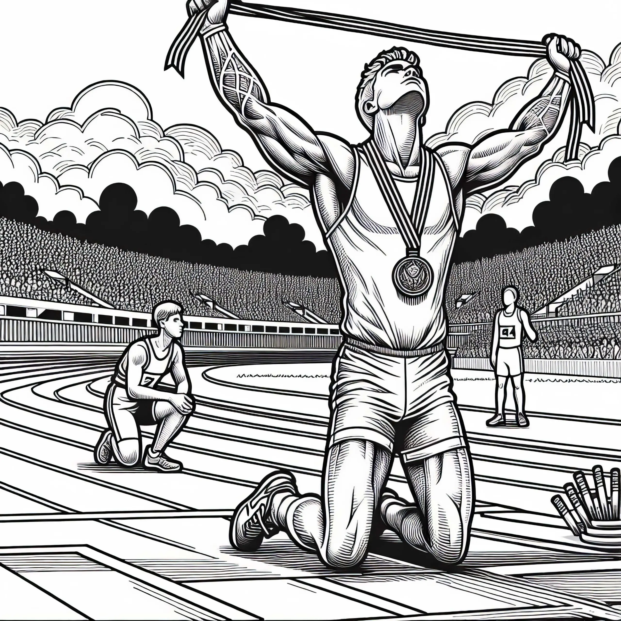 Sportler mit Medaille beim Ziel – Ausmalbild für Jungs ab zwölf kostenlos