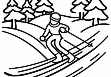 Sportler rast bei kleiner Abfahrt im Langlaufstil – Ausmalbild einfach und gratis