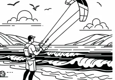 Sportler übt sicheren Umgang mit Kite am Strand – Malvorlage kostenlos