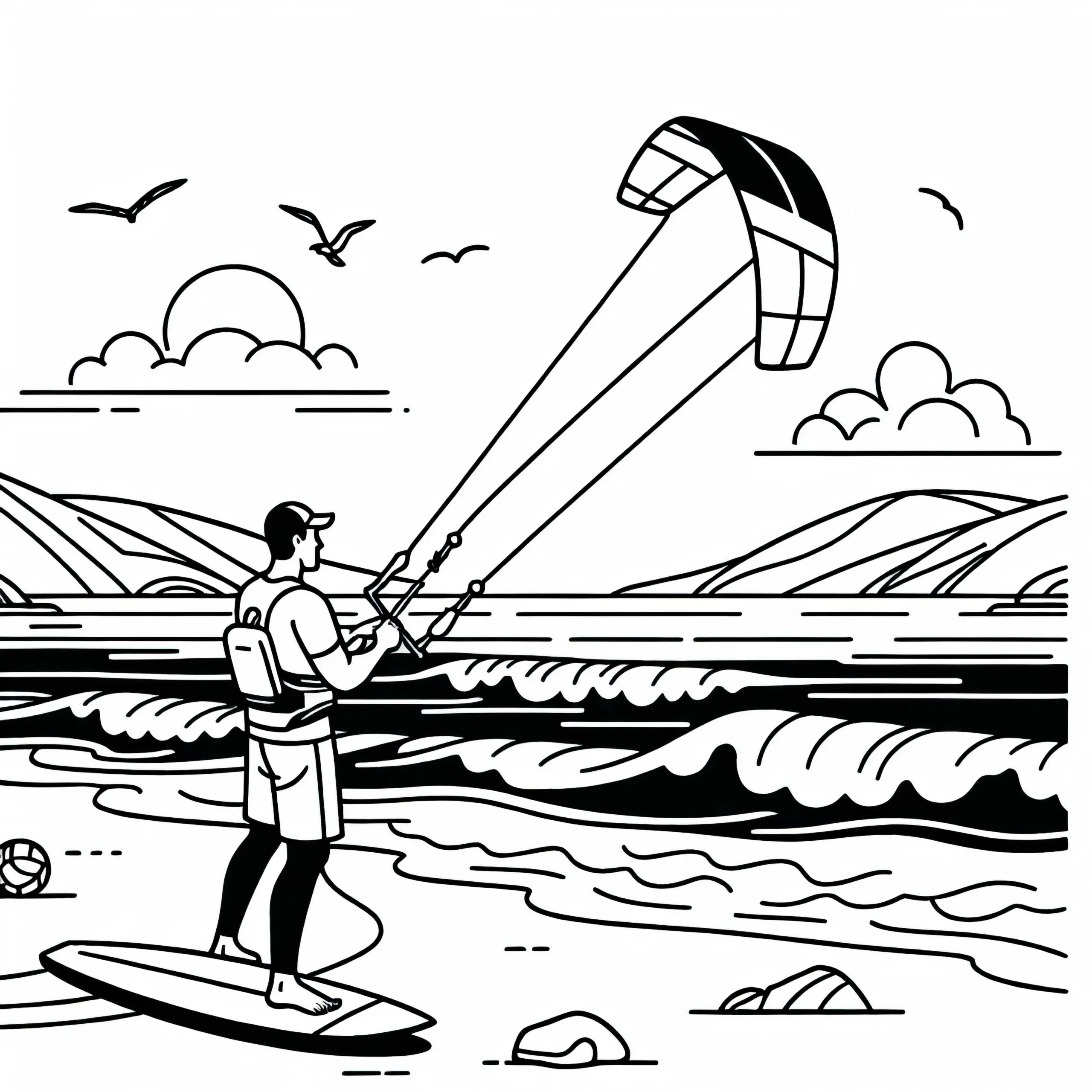 Sportler übt sicheren Umgang mit Kite am Strand – Malvorlage kostenlos (Ausmalbild)