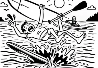 Sportler verliert beim Stand-up-Paddling das Gleichgewicht – Malvorlage kostenlos