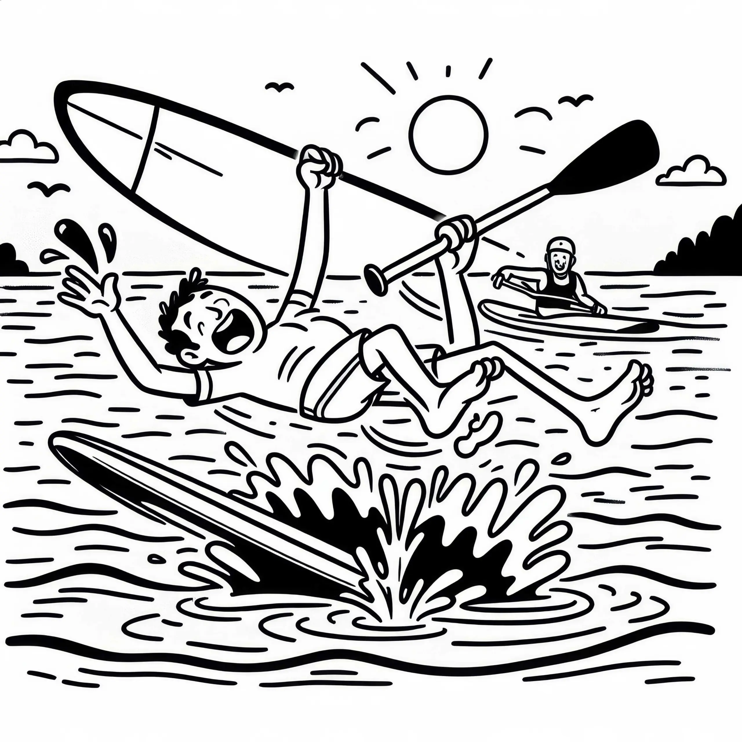 Sportler verliert beim Stand-up-Paddling das Gleichgewicht – Malvorlage kostenlos (Ausmalbild)