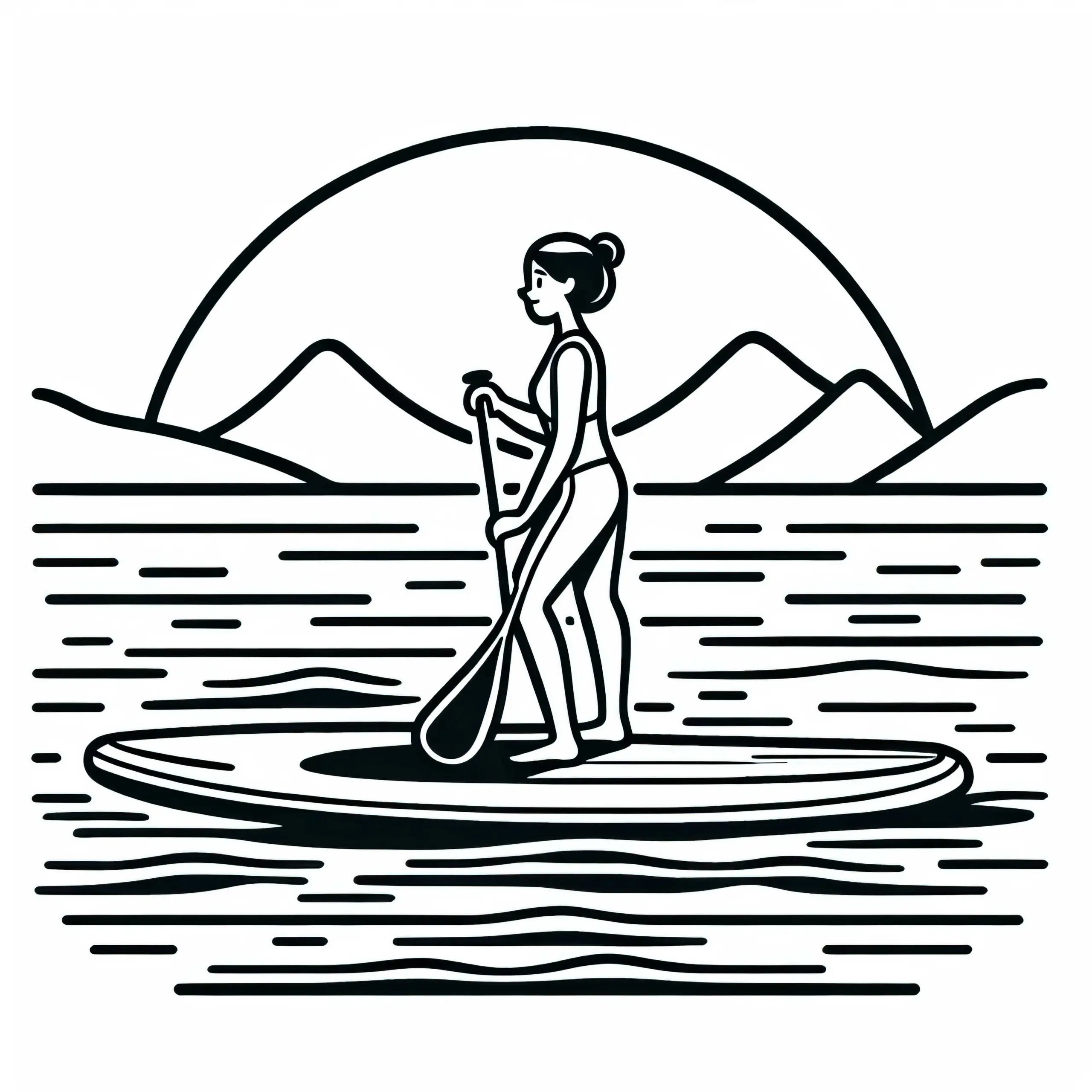 Sportlerin paddelt beim Paddleboarding auf ruhigem See im Sonnenaufgang – Malvorlage kostenlos herunterladen (Ausmalbild)