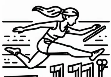 Sportlerin springt über Hürde im Leichtathletikstadion – Ausmalbild kostenlos
