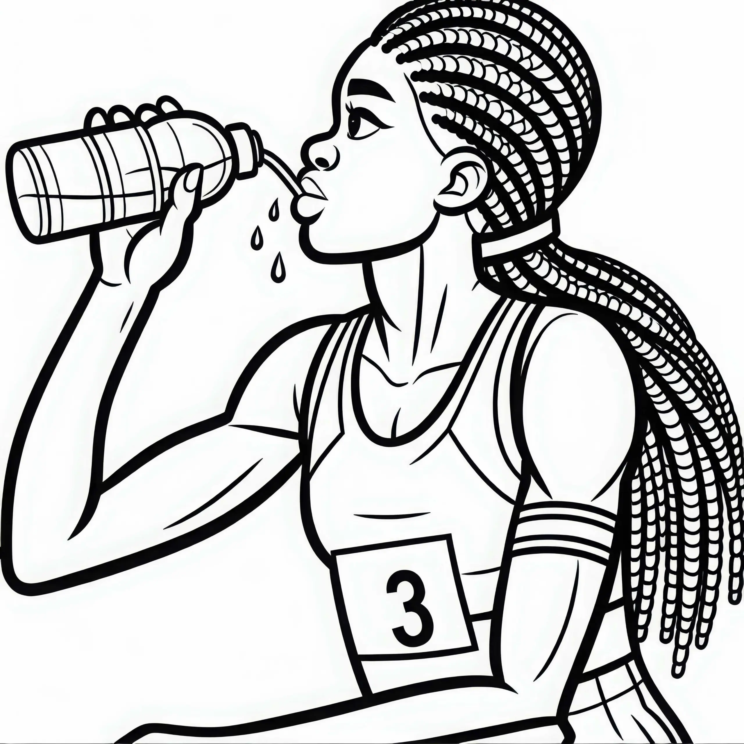 Sportlerin trinkt Wasser nach Wettkampf – Malvorlage Kostenlos (Ausmalbild)