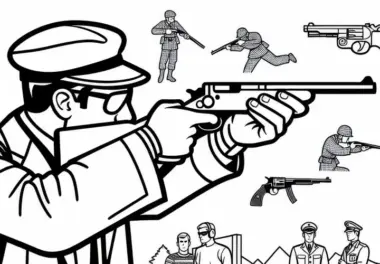 Sportschütze hält ruhig die Waffe während er den Abzug betätigt – Malvorlage einfach gratis