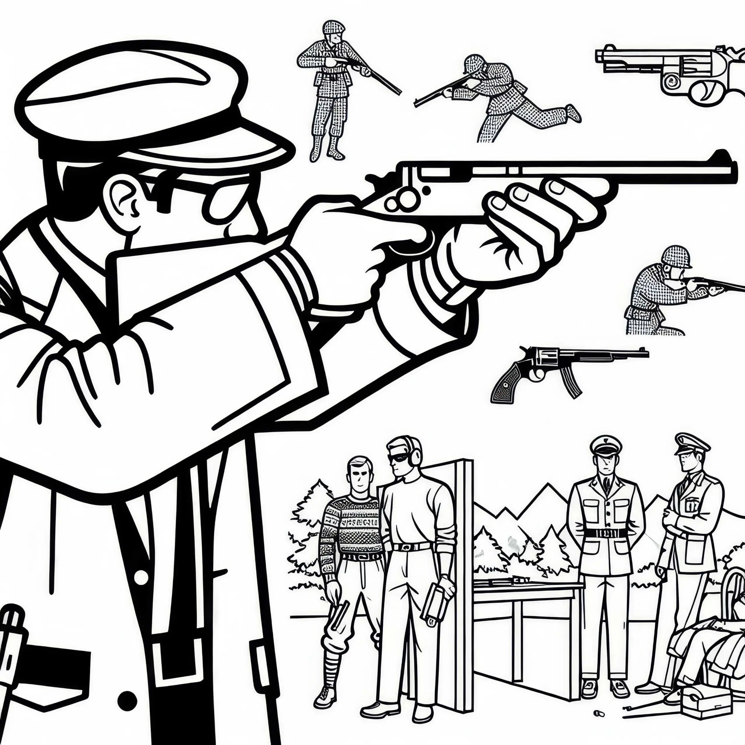 Sportschütze hält ruhig die Waffe während er den Abzug betätigt – Malvorlage einfach gratis (Ausmalbild)