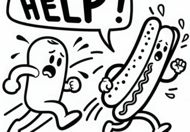 Sprechender Hotdog läuft vor hungriger Comic-Figur weg – Malvorlage gratis