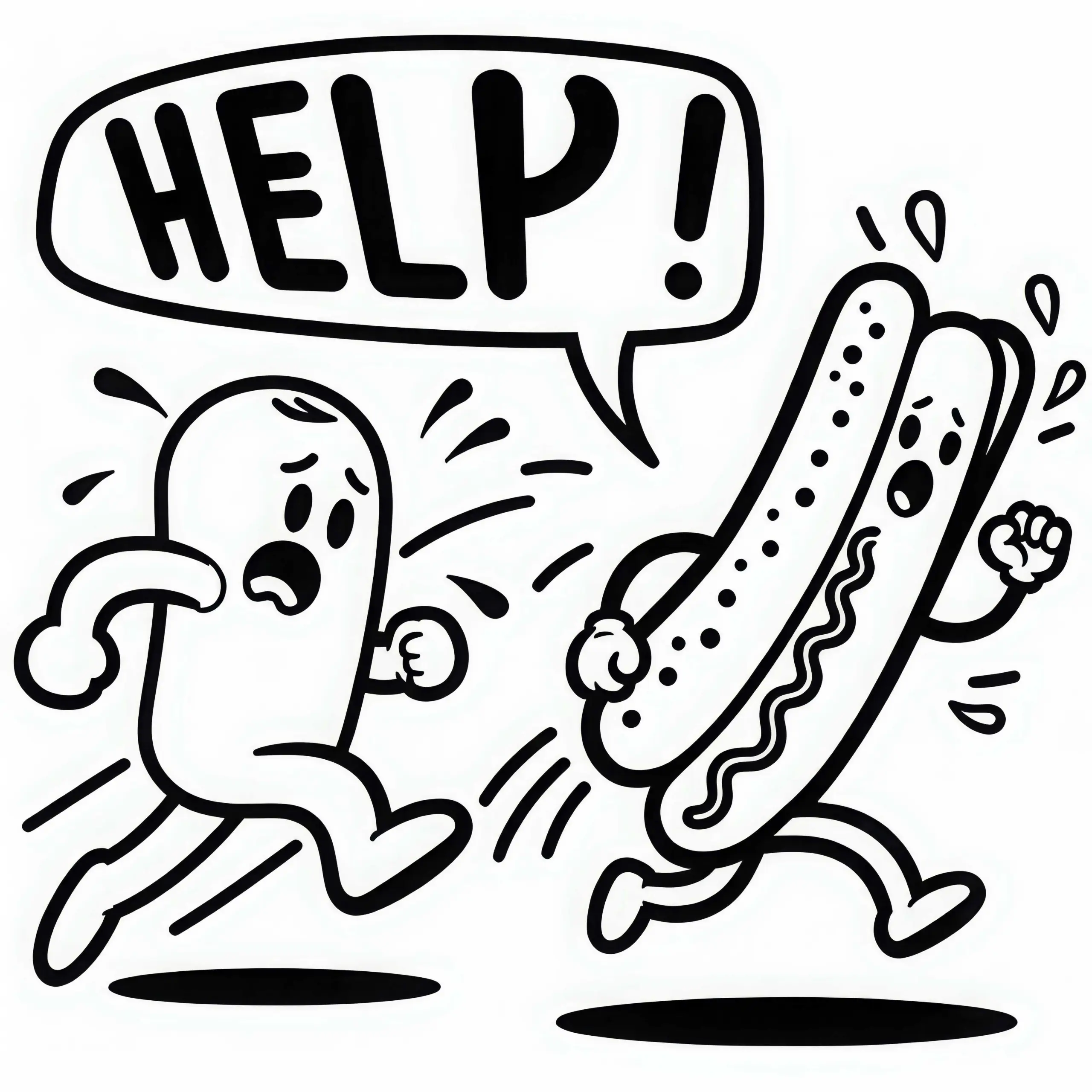Sprechender Hotdog läuft vor hungriger Comic-Figur weg – Malvorlage gratis (Ausmalbild)