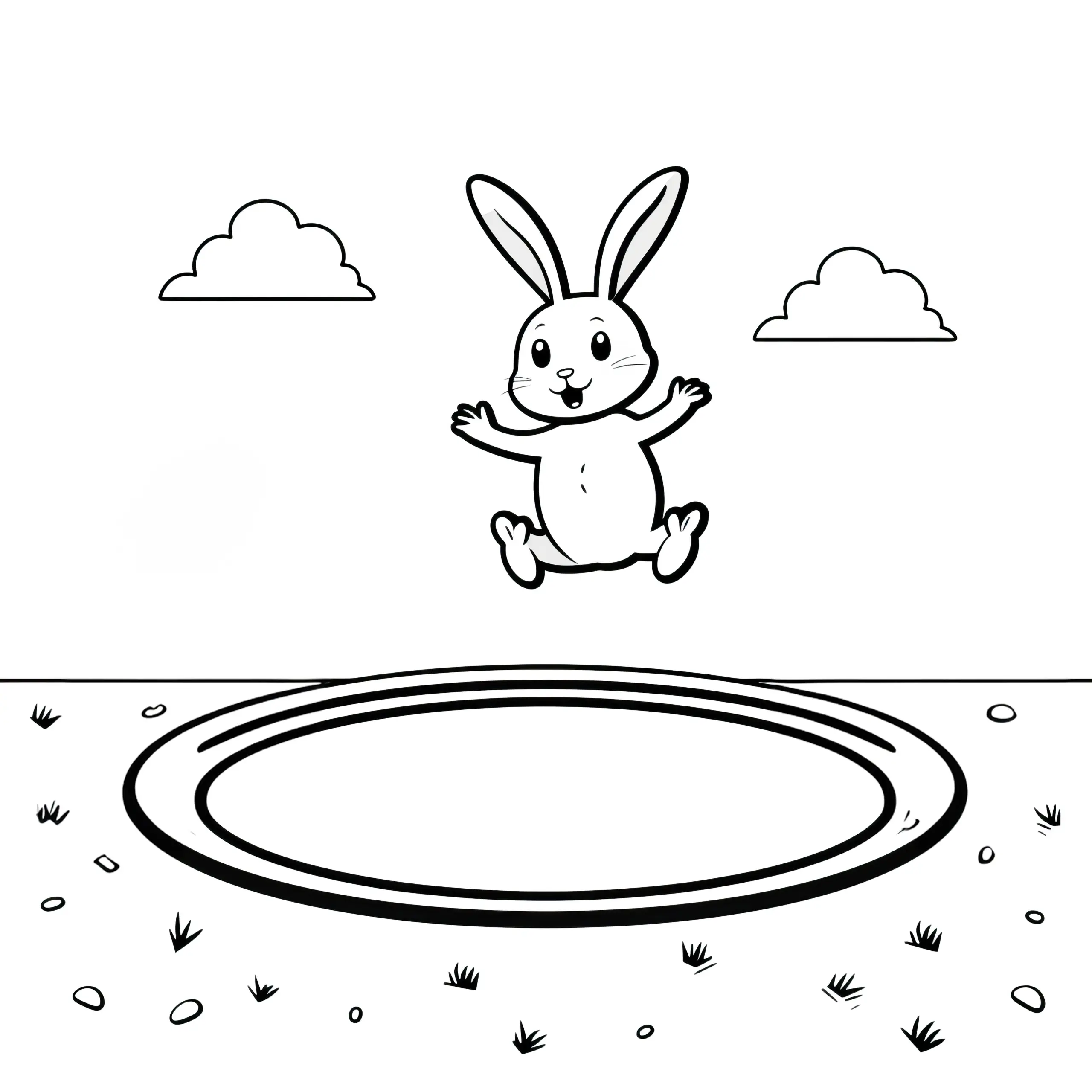 Springender Osterhase auf Trampolin: Einfaches Ausmalbild für Kinder (Gratis)