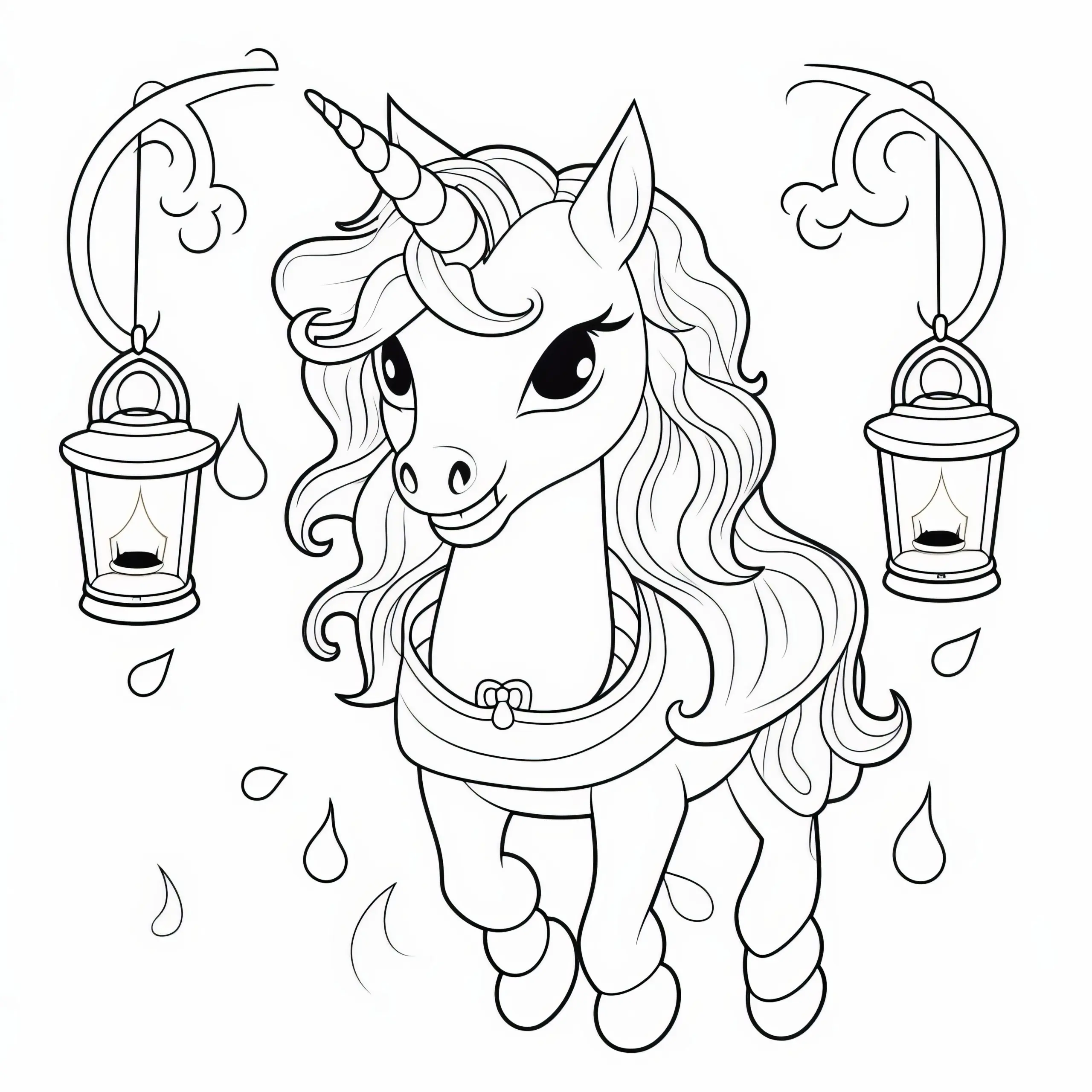 Springendes Einhorn mit prächtiger Mähne und Kerzenlampen (Malvorlage kostenlos) (Ausmalbild)