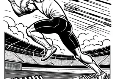 Sprinter startet explosiv aus Startblock für 100-Meter-Lauf – Zehnkampf Malvorlage gratis