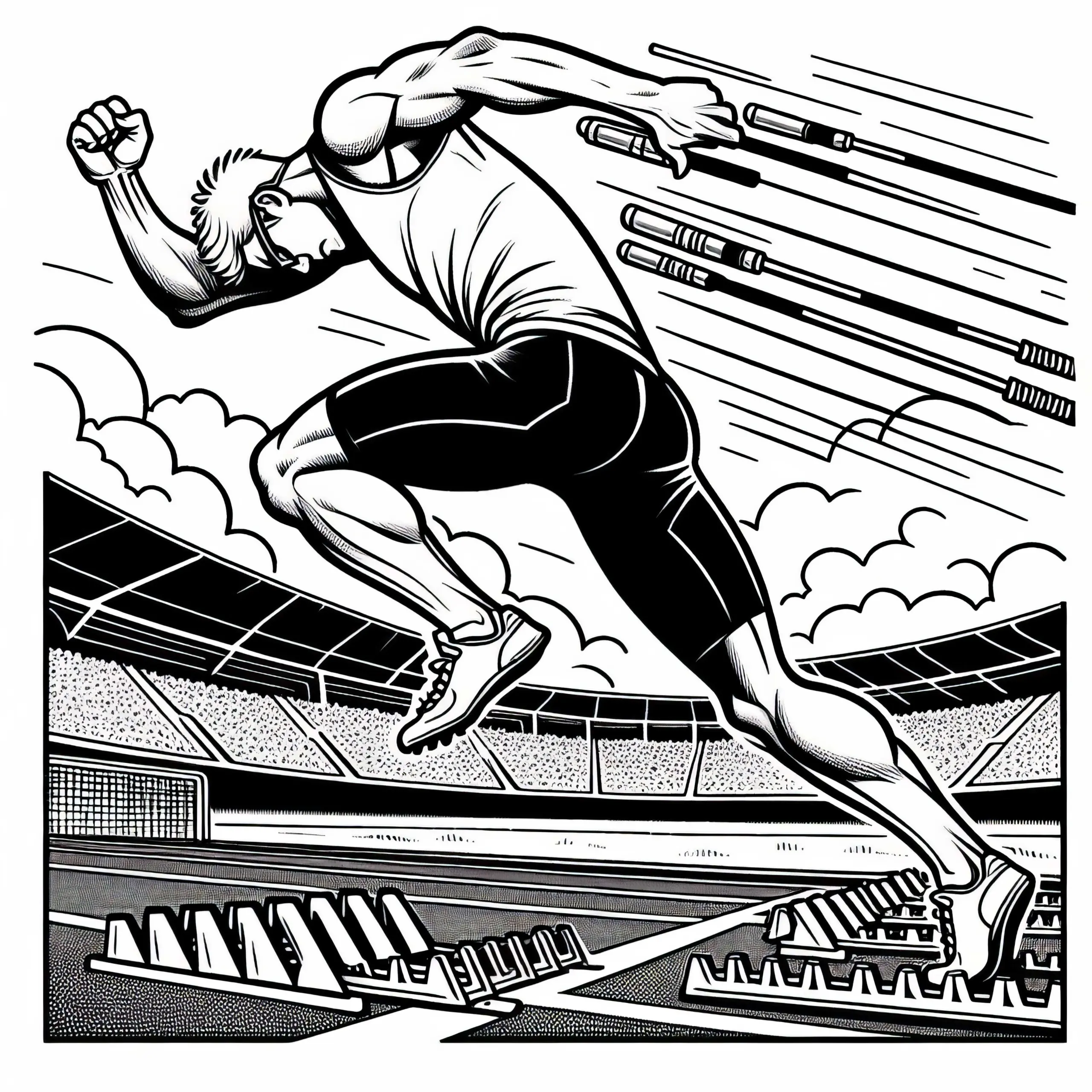 Sprinter startet explosiv aus Startblock für 100-Meter-Lauf – Zehnkampf Malvorlage gratis (Ausmalbild)