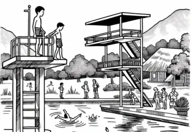 Überschrift: Sprungturm am Pool Ausmalbild für Jungs ab neun gratis