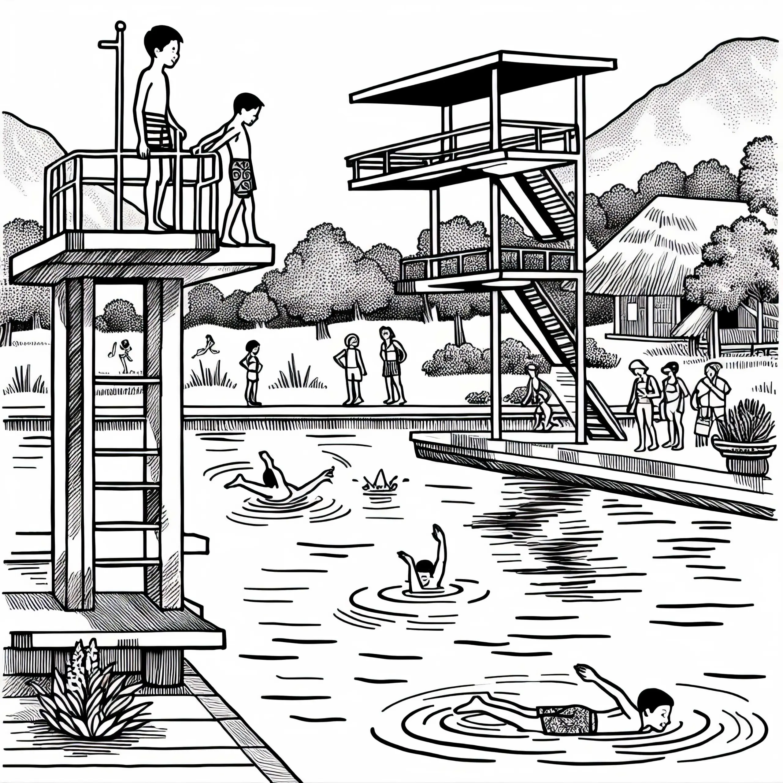 Überschrift: Sprungturm am Pool Ausmalbild für Jungs ab neun gratis