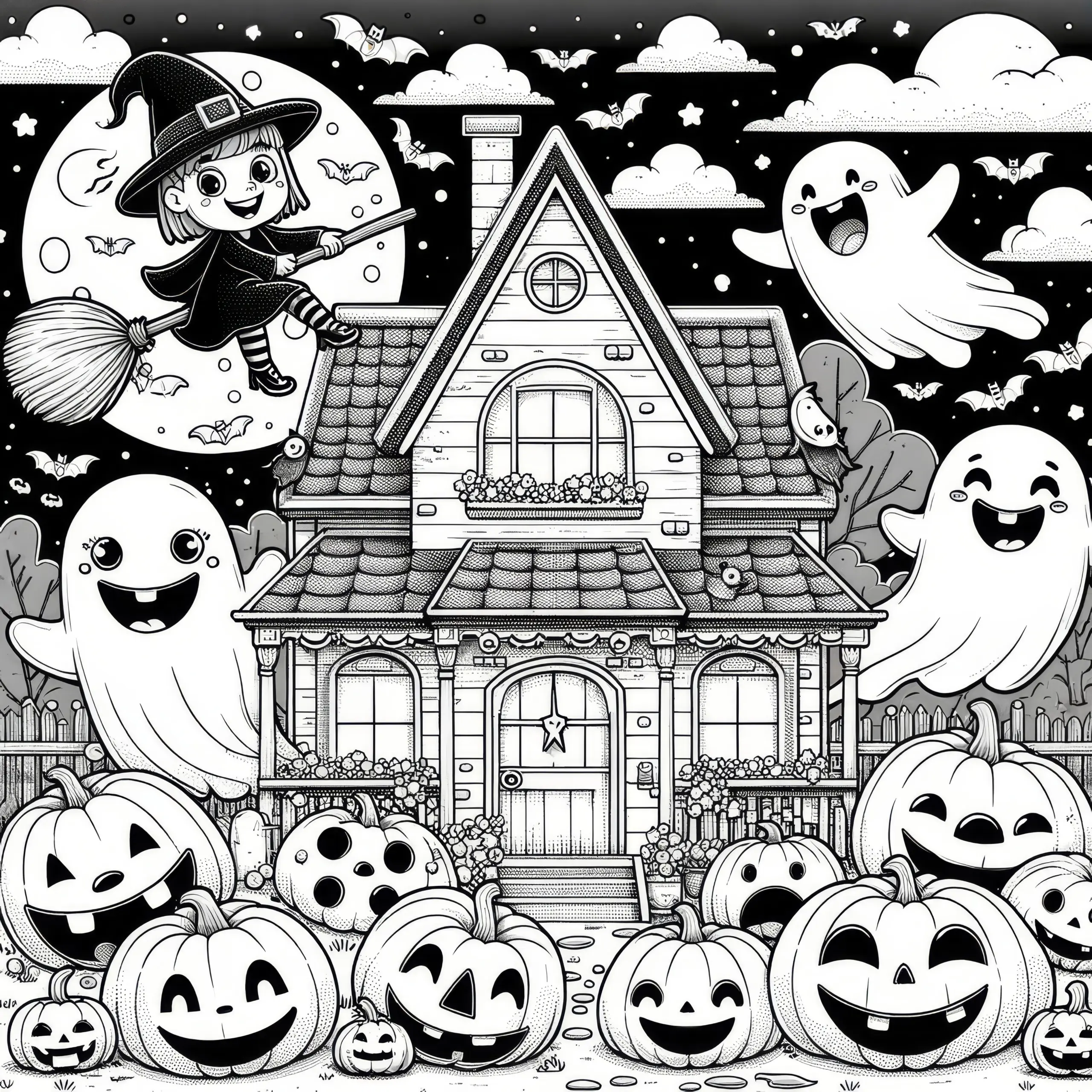 Spukhaus, Hexe, Geister und Kürbisse: Halloween Bild zum Ausmalen (Kostenlos) (Ausmalbild)