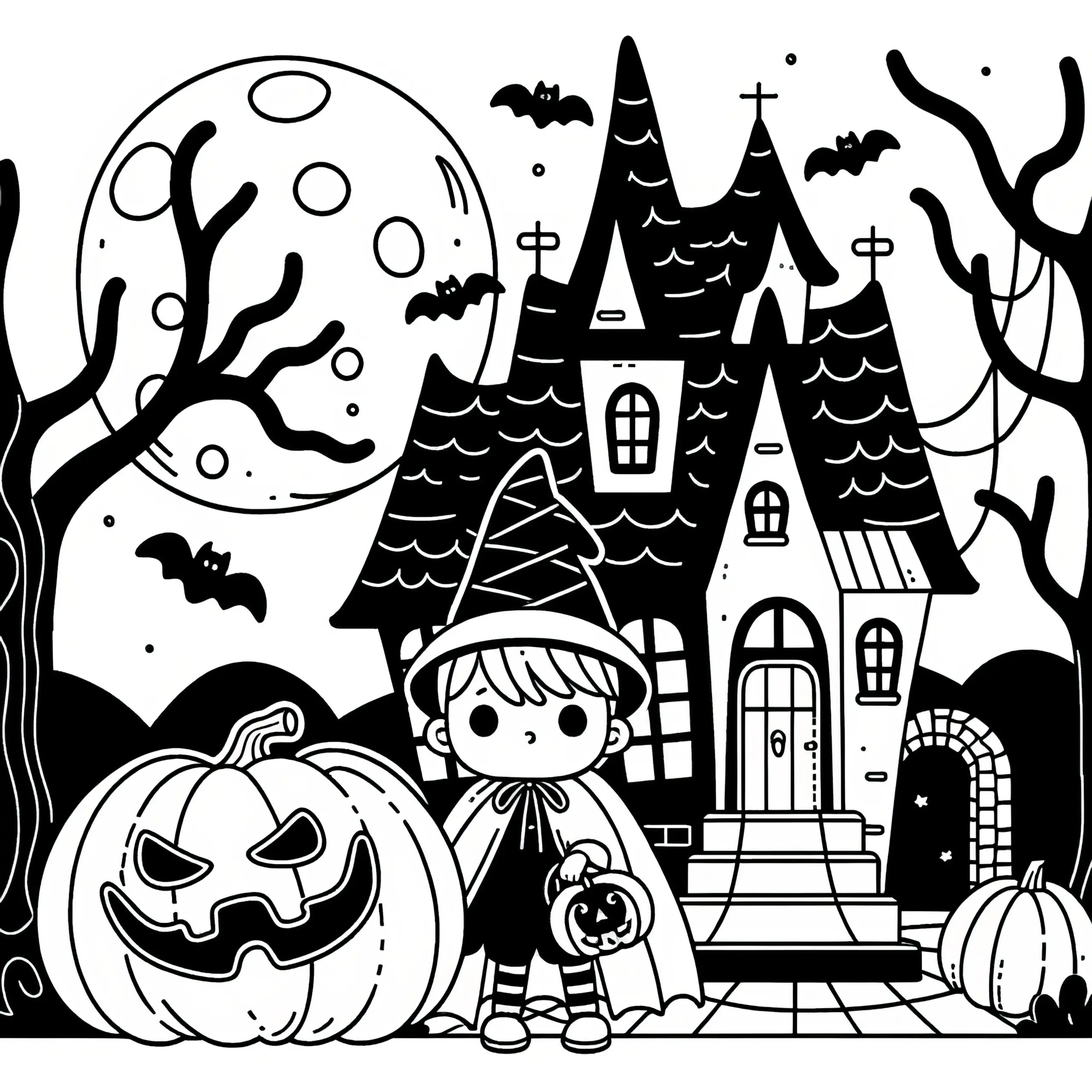 Spukhaus mit gruseligem Kürbis: Einfache Halloween Malvorlage (Kostenlos) (Ausmalbild)