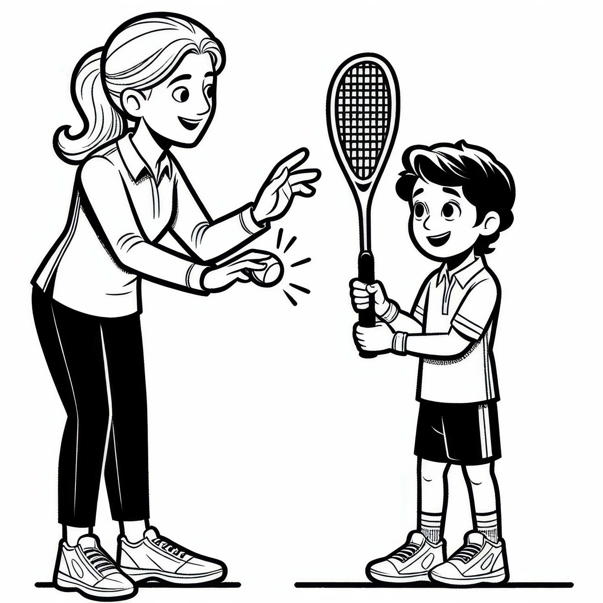 Squash Trainerin gibt Anfängern Anweisungen zur Schlagtechnik – Malvorlage kostenlos (Ausmalbild)