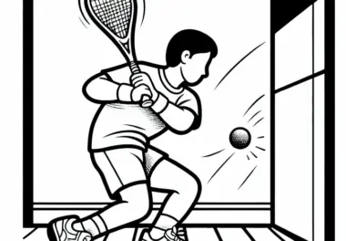 Squashspieler schlägt Ball kraftvoll gegen Wand – Ausmalbild gratis