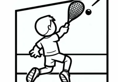 Squashspieler springt leicht ab, um hohen Ball zu retournieren – Ausmalbild kostenlos