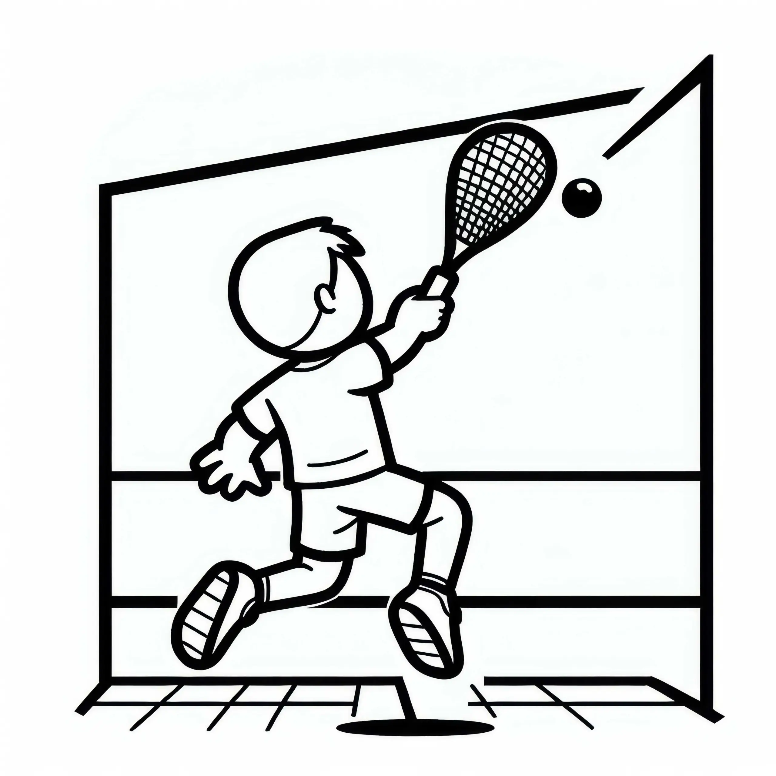 Squashspieler springt leicht ab, um hohen Ball zu retournieren – Ausmalbild kostenlos