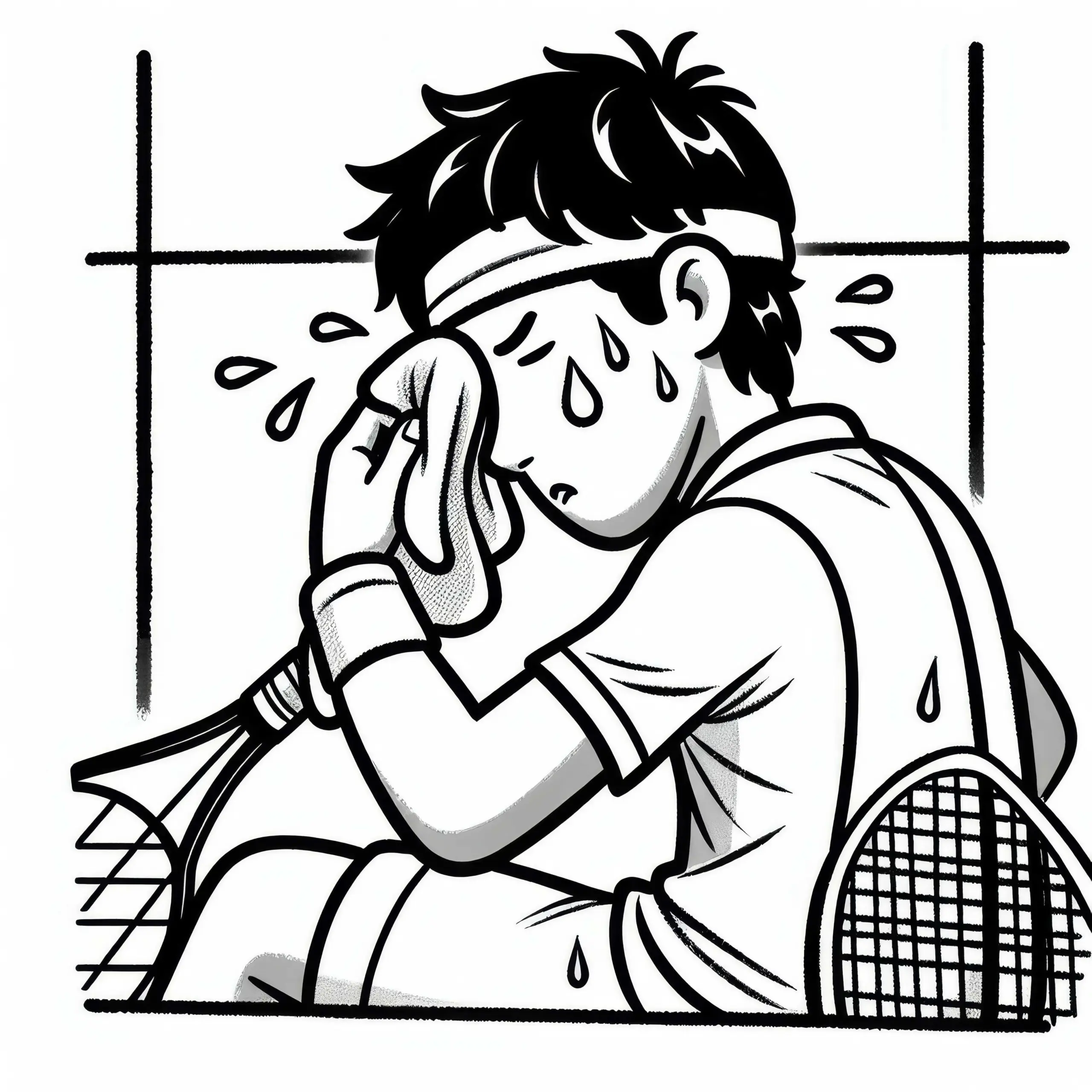 Squashspieler wischt sich nach dem Match Schweiß von der Stirn – Malvorlage kostenlos (Ausmalbild)